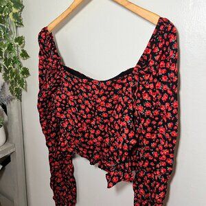 Miu Ami Red Rose Floral Long Sleeve Crop Top XL Black Romantic Cottagecore